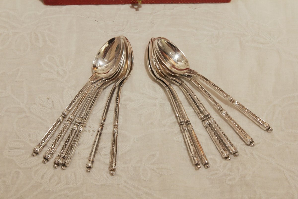 12 Silver-plated Mocha Spoons, St. Médard, In A Gift Box, Mid-20th Century-photo-4
