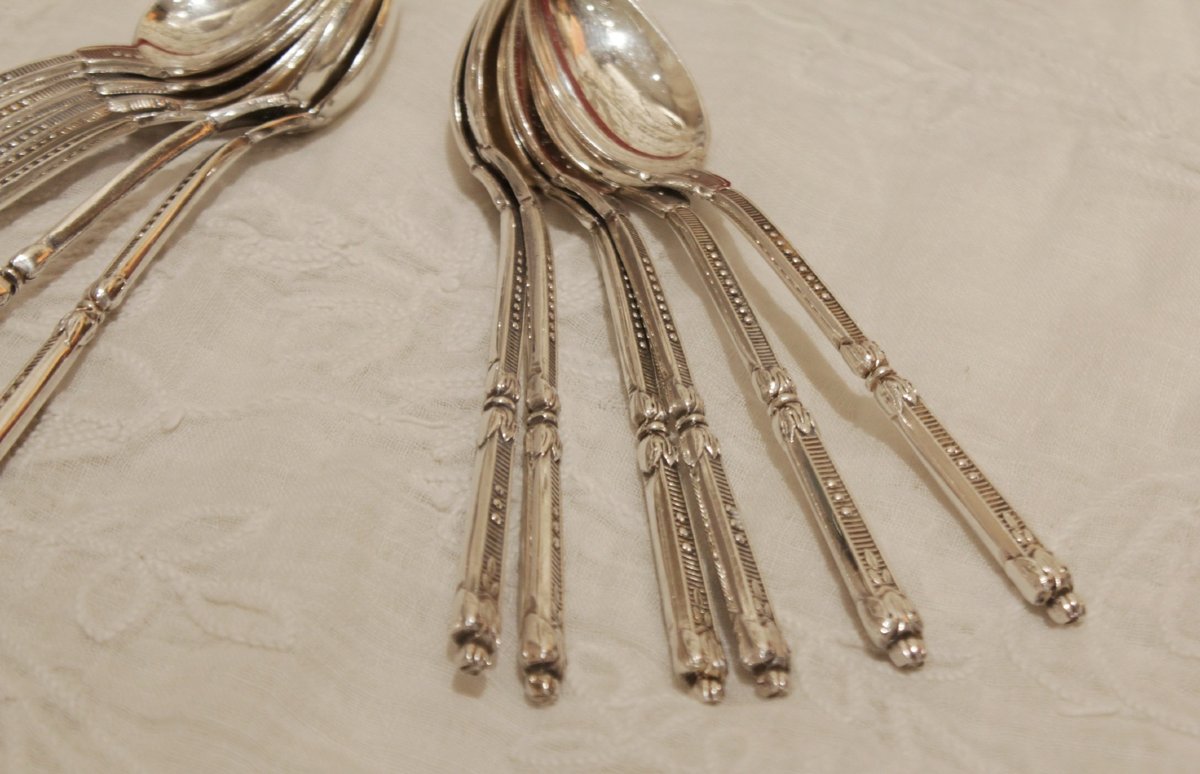 12 Silver-plated Mocha Spoons, St. Médard, In A Gift Box, Mid-20th Century-photo-1
