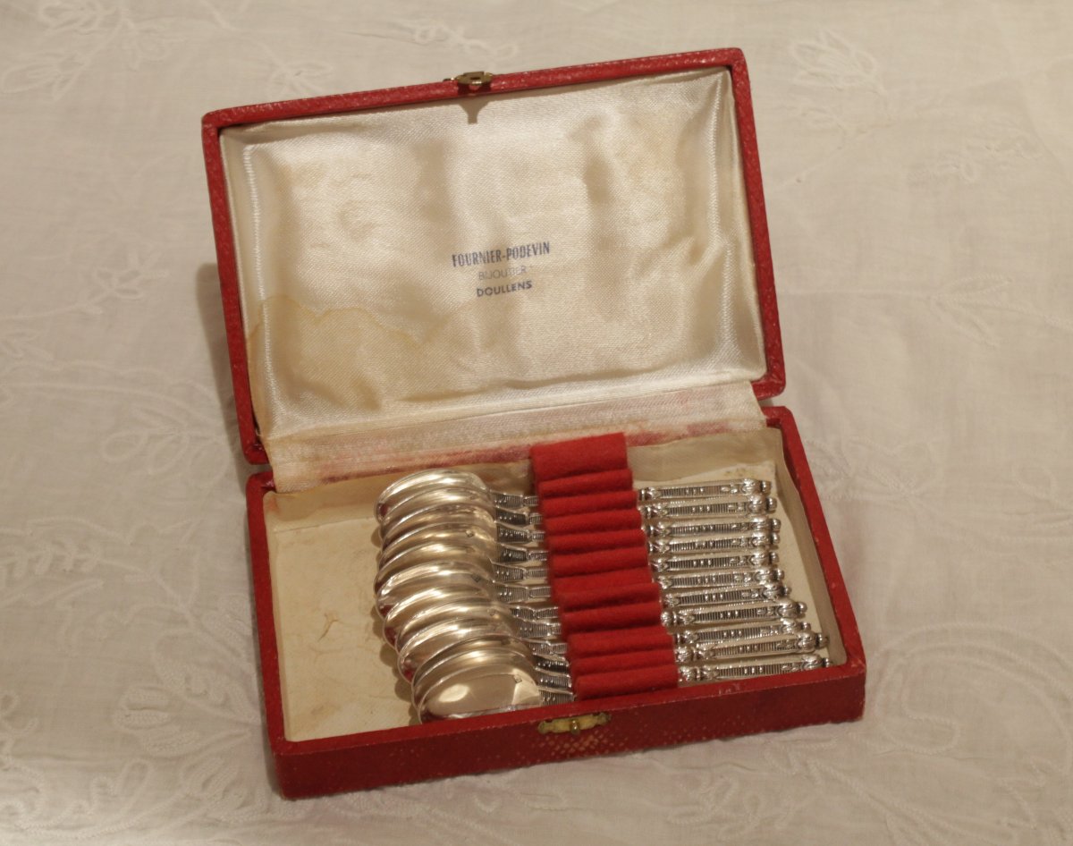 12 Silver-plated Mocha Spoons, St. Médard, In A Gift Box, Mid-20th Century-photo-2