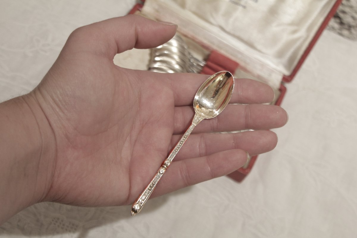 12 Silver-plated Mocha Spoons, St. Médard, In A Gift Box, Mid-20th Century-photo-3