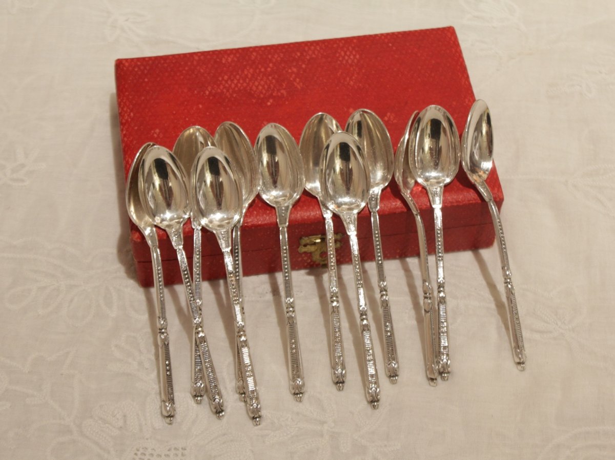 12 Silver-plated Mocha Spoons, St. Médard, In A Gift Box, Mid-20th Century
