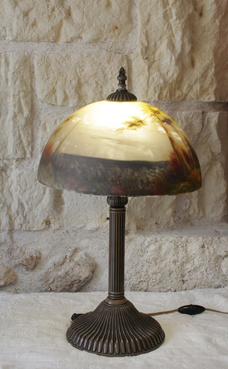 Large Table Lamp With A Painted Glass Shade In The Handel Or Jefferson Style, Circa 1970-photo-3