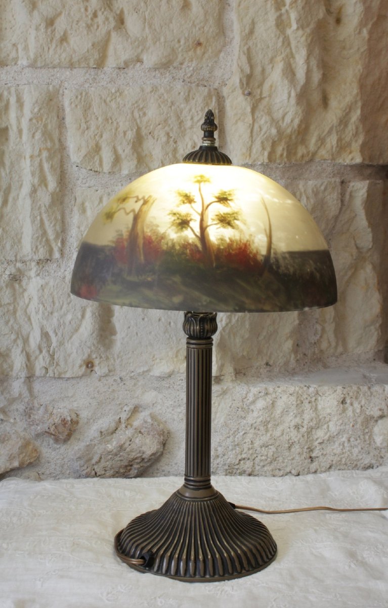 Large Table Lamp With A Painted Glass Shade In The Handel Or Jefferson Style, Circa 1970-photo-4