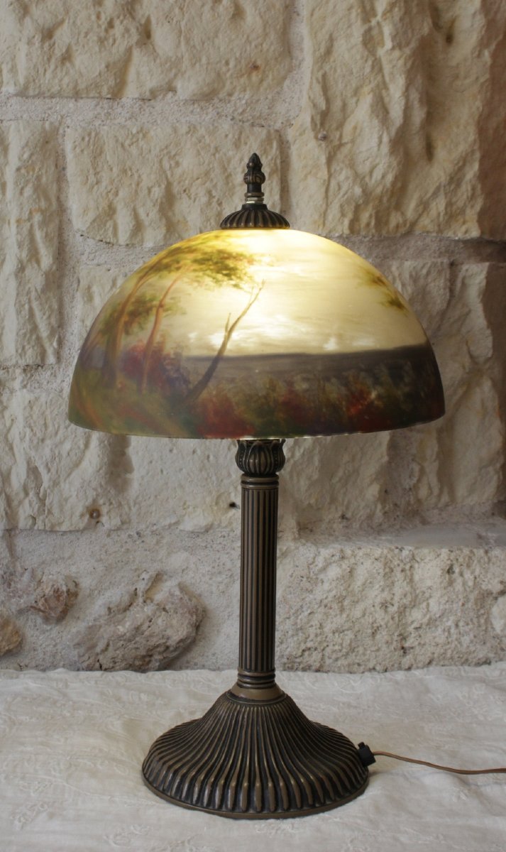Large Table Lamp With A Painted Glass Shade In The Handel Or Jefferson Style, Circa 1970-photo-1