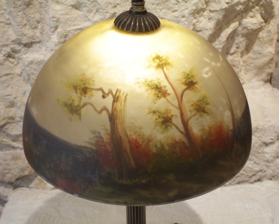 Large Table Lamp With A Painted Glass Shade In The Handel Or Jefferson Style, Circa 1970-photo-4