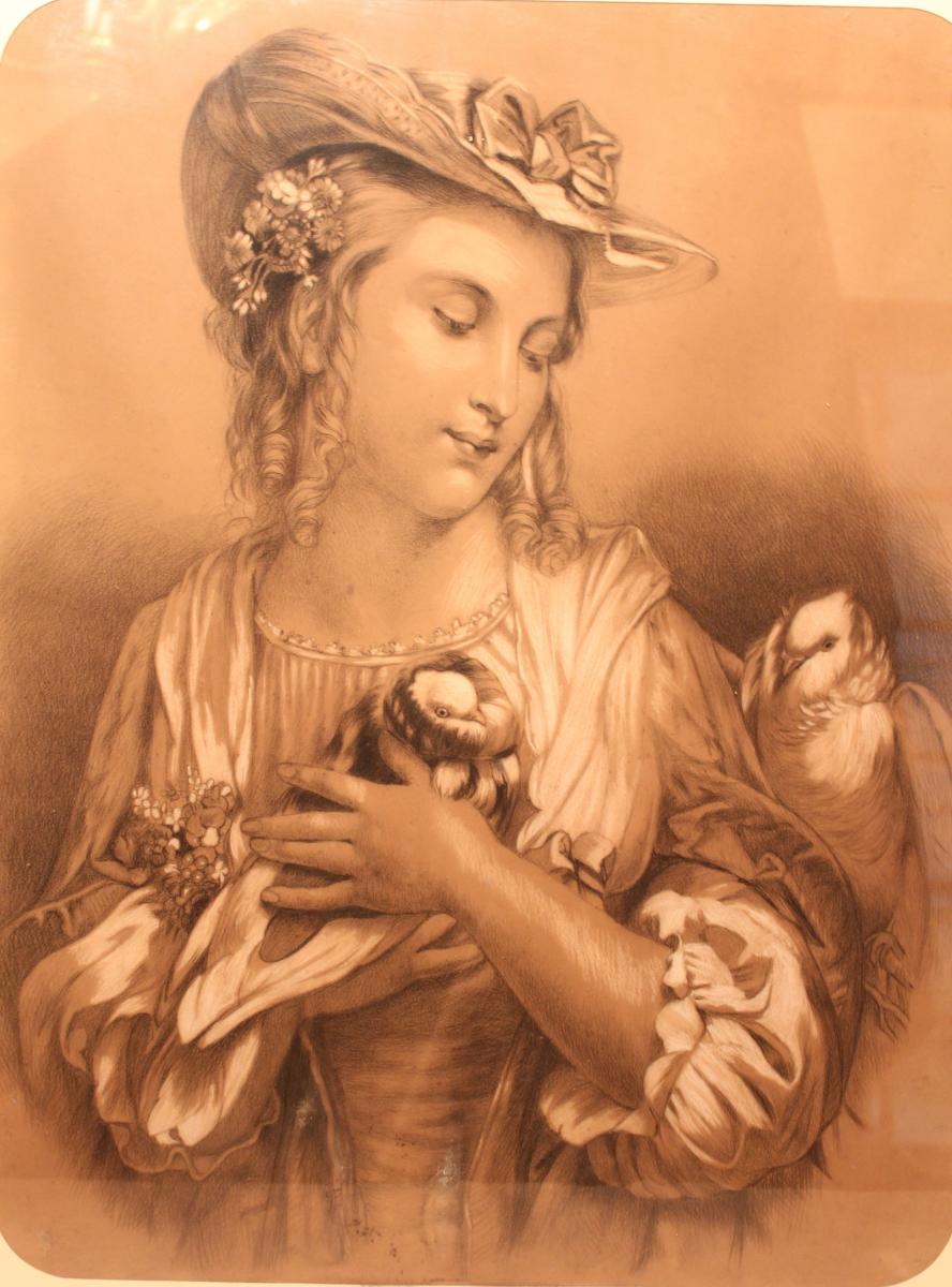 Drawing In Charcoal And Highlights Of White Chalk "young Girl With Doves" 19th Century