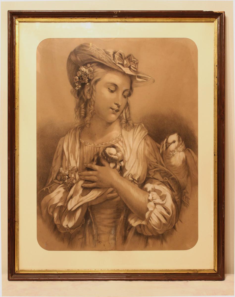 Drawing In Charcoal And Highlights Of White Chalk "young Girl With Doves" 19th Century-photo-2
