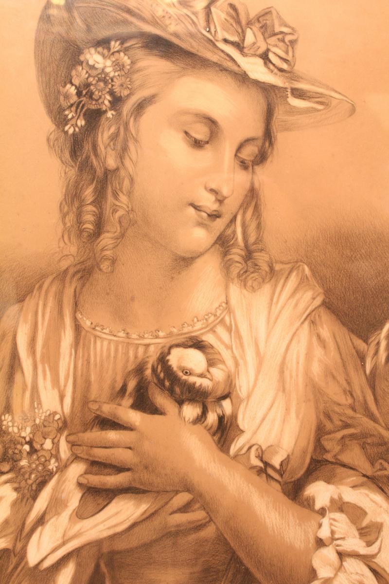 Drawing In Charcoal And Highlights Of White Chalk "young Girl With Doves" 19th Century-photo-3