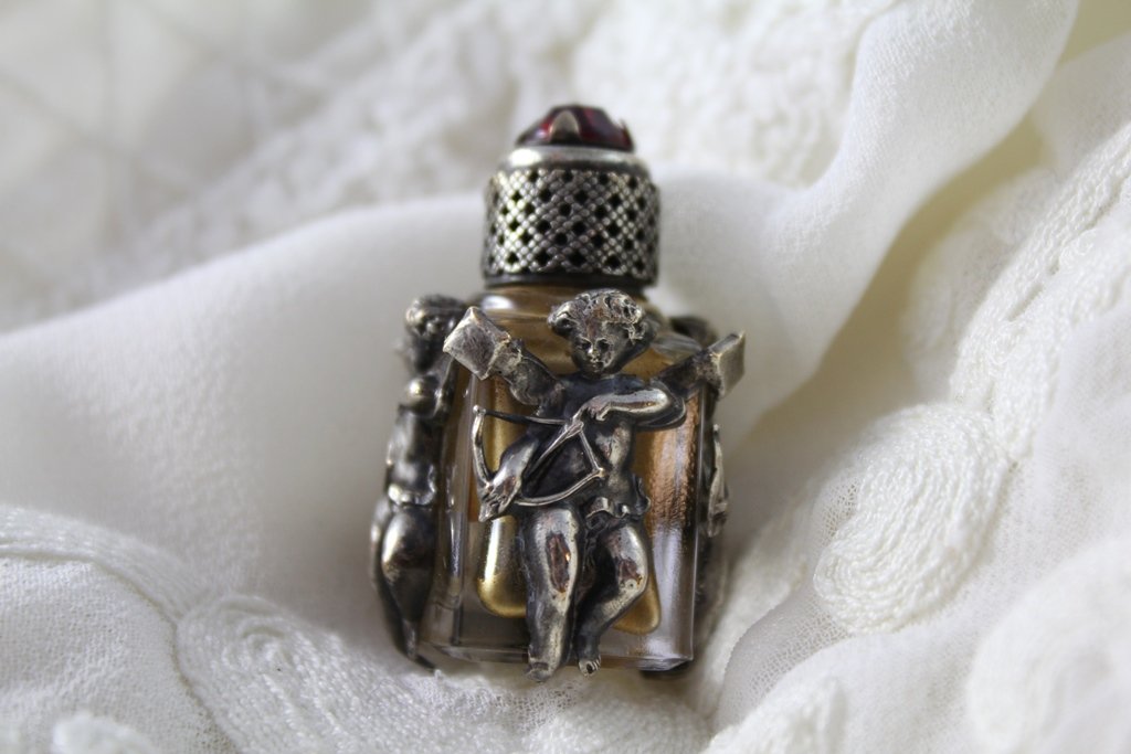 Miniature Glass Perfume Bottle And Silver Frame 'cupid' Period Late 19th Century