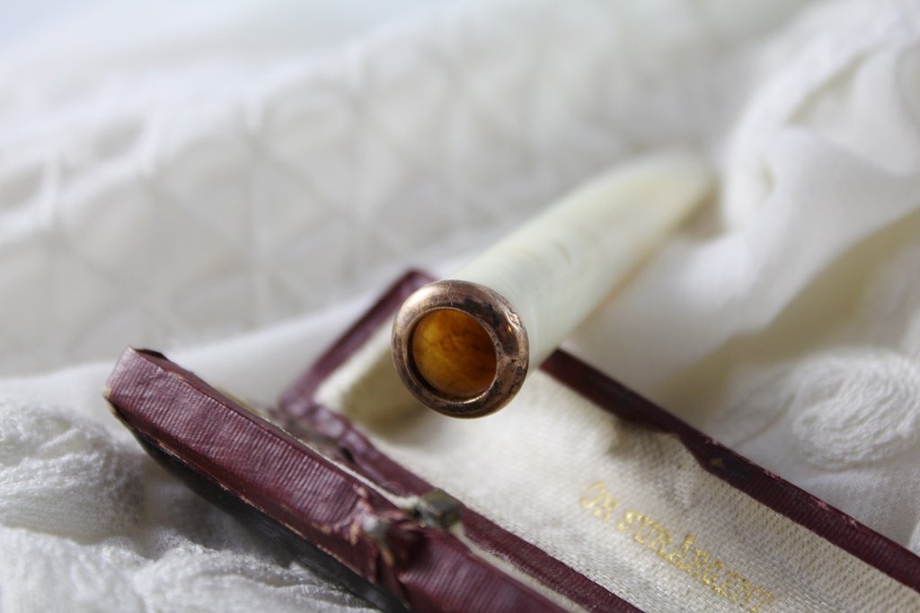 Cigarette Holder In Pearl And Vermeil Frame With Its Leather Case Early 20th Century-photo-1