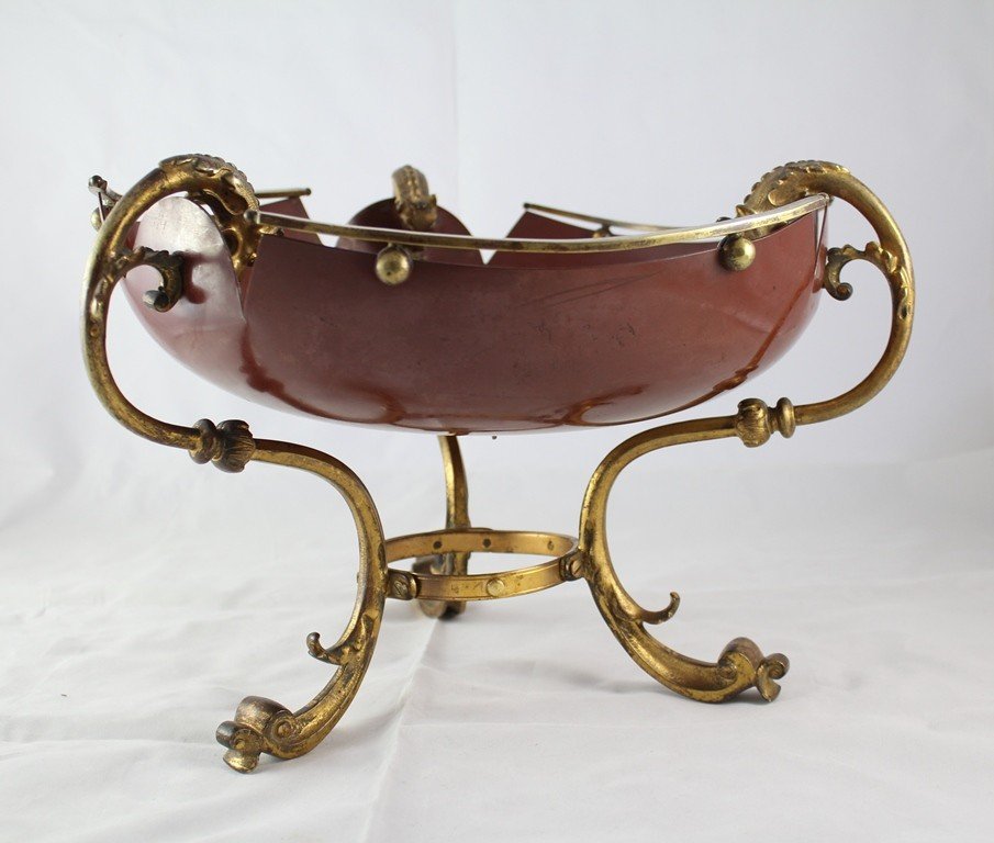 Fretwork Cup In Red Lacquered Sheet And Tripod Mount In Gilt Bronze 19th Century-photo-2