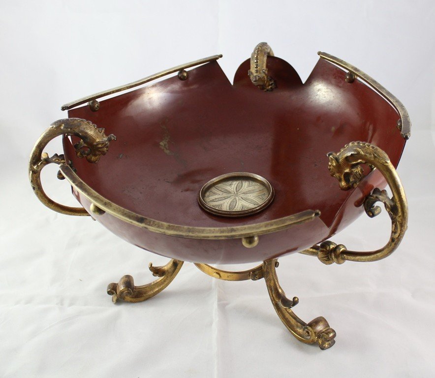 Fretwork Cup In Red Lacquered Sheet And Tripod Mount In Gilt Bronze 19th Century-photo-3
