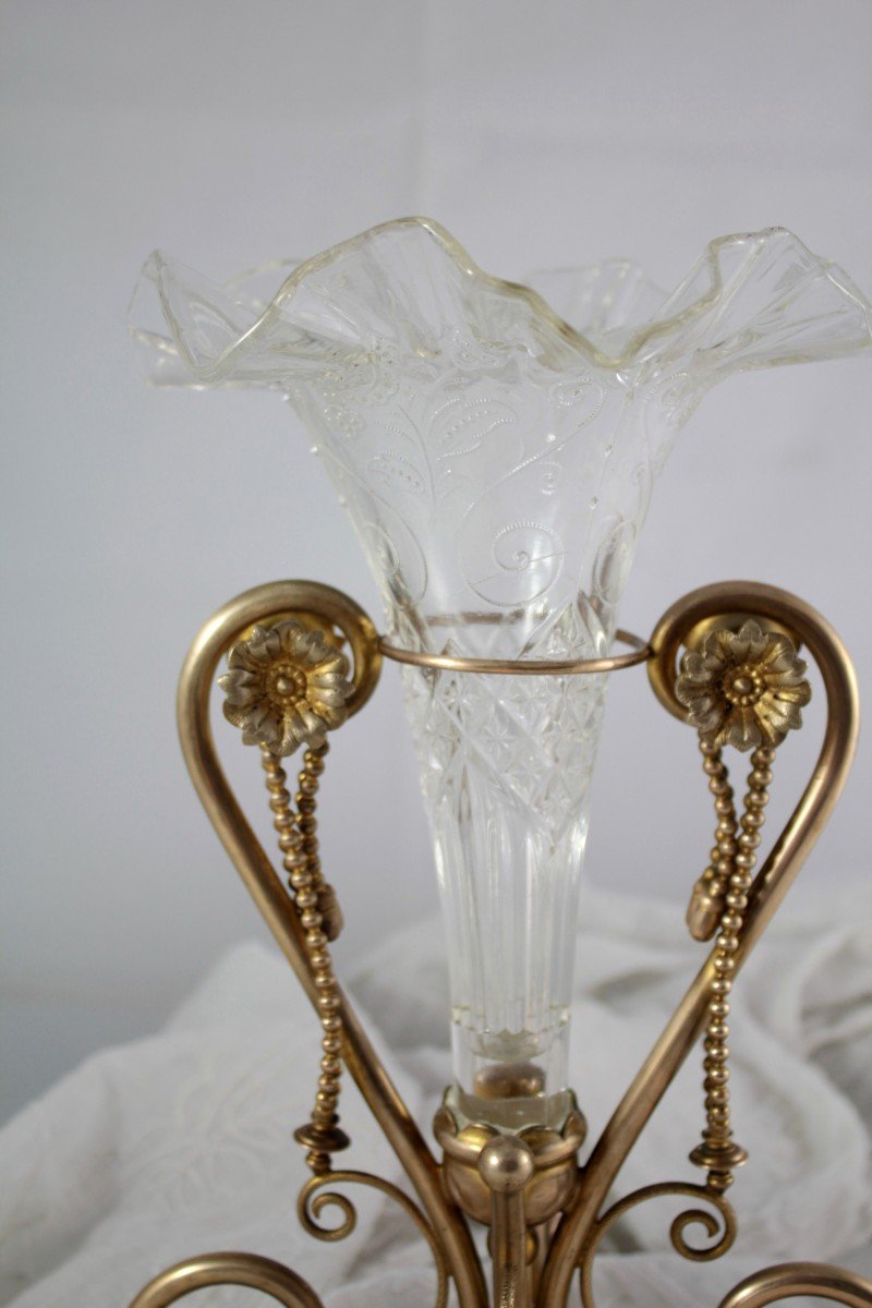 Cornet Vase In Molded Glass And Golden Metal Frame Circa 1900-photo-2
