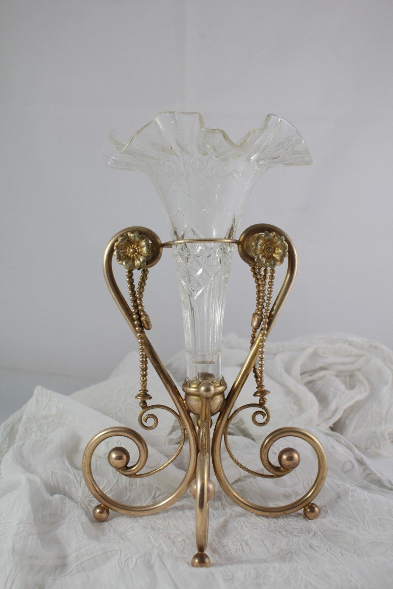 Cornet Vase In Molded Glass And Golden Metal Frame Circa 1900-photo-5