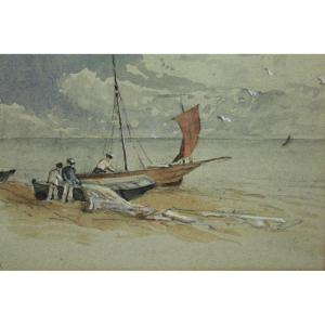 Paire d'Aquarelles 'Bateaux et pêcheurs' Signées John Frederick Tayler (1802-1889)