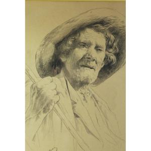 Dessin Au Crayon Portrait De Vieil Homme Signé Gaston Vuillier (1845-1915)