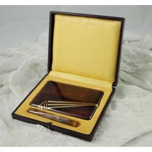 Lacquered Metal Case With Limitation Of Tortoiseshell In Its Art Deco Box Circa 1930