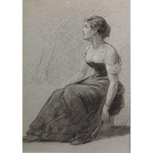Charcoal And White Chalk Drawing 'woman Seated With Fan' Victor-rené Livache (1872-1944)