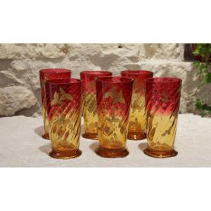 6 Pink And Yellow Colored Crystal Glasses In The Taste Of Baccarat Early 20th Century