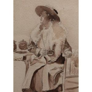 Dessin 'femme Assise Buvant Un Thé' Mine De Plomb Et Lavis d'Encre Vers 1900