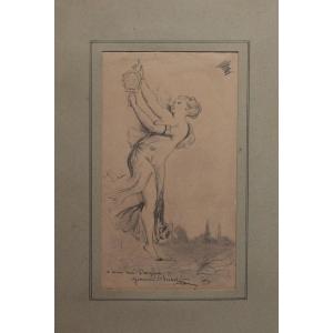 Pencil Drawing 'allegory Of Truth' Signed Germain Ribot (1845-1893)