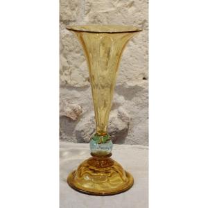 Yellow And Blue Glass Vase, French "cristallerie De Portieux"