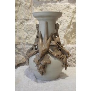 Stoneware Vase Swallows And Mascarons, Sarreguemines, Late 19th Century