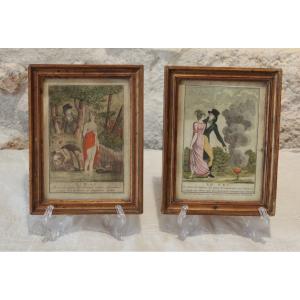 Deux Gravures Aquarellées 'l'eau Et Le Feu', époque Empire, Vers 1800