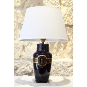 Lampe en faïence bleue avec décor à l'or Sarreguemines entre 1835 et 1900
