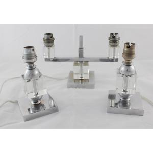 Candelabra And 2 Candlesticks In Chromed Metal And Plexiglass Signed G. Humbert 1960-1970