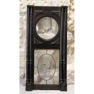 Élément de boiserie en bois noirci avec verre bombé et vitrail, fin 19ème siècle