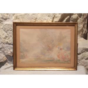 Watercolor 'bathers By The Water' Signed Gabriel Griffon (1866-1938)