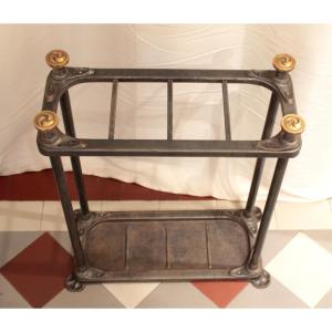 Iron And Brass Art Nouveau Umbrella And Cane Stand, Circa 1900