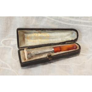 Silver, Pipe Clay And Amber Cigarette Lighter In Original Late 19th Century Leather Case