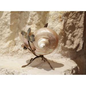 Coquillage nacré monture en bronze doré lézard et tiges végétales fin 19ème siècle