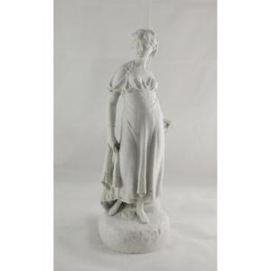Large Bisque Porcelain Sculpture, "young Girl With A Tambourine," 19th Century