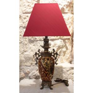 Earthenware Lamp With A Bronze Frame Decorated With Chimeras, Napoleon III Period, Late 19th Century