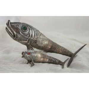 Two Vintage Solid Silver Fish, Spanish Craftsmanship, 20th Century