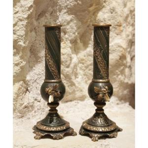 Pair Of Candlesticks, Or Single-flower Vases, Made Of Green-patinated Metal With Bees, Napoleon III Style