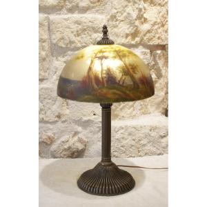 Grande lampe à poser avec abat-jour en verre peint style Handel ou Jefferson, vers 1970