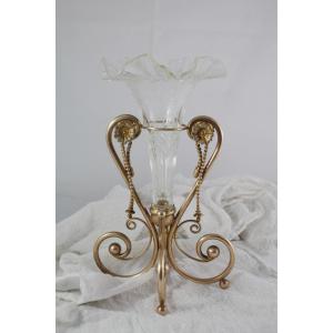 Cornet Vase In Molded Glass And Golden Metal Frame Circa 1900