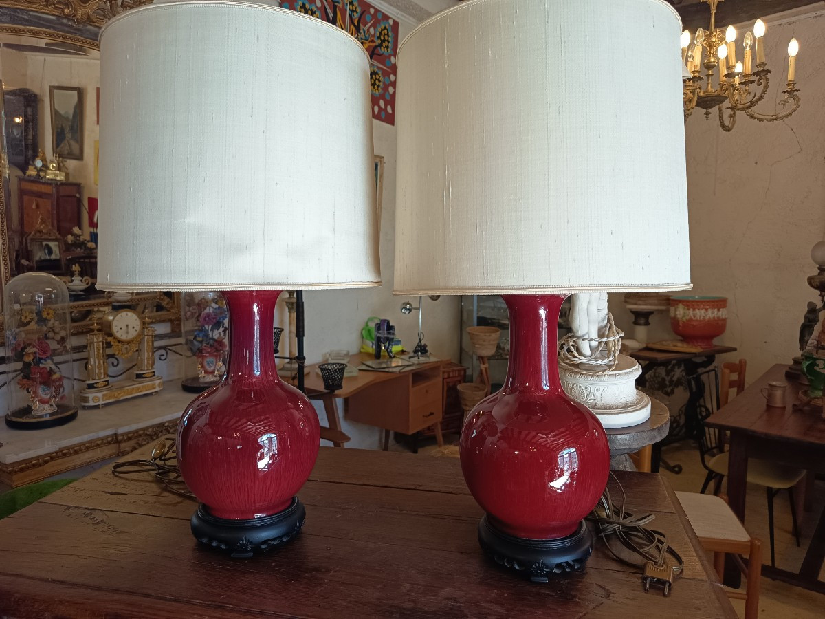Lampes, paire de lampes chinoises "sang de boeuf"-photo-2
