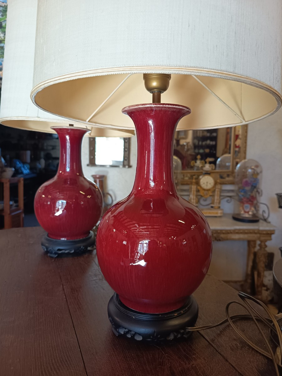 Lampes, paire de lampes chinoises "sang de boeuf"