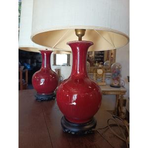 Lampes, paire de lampes chinoises "sang de boeuf"