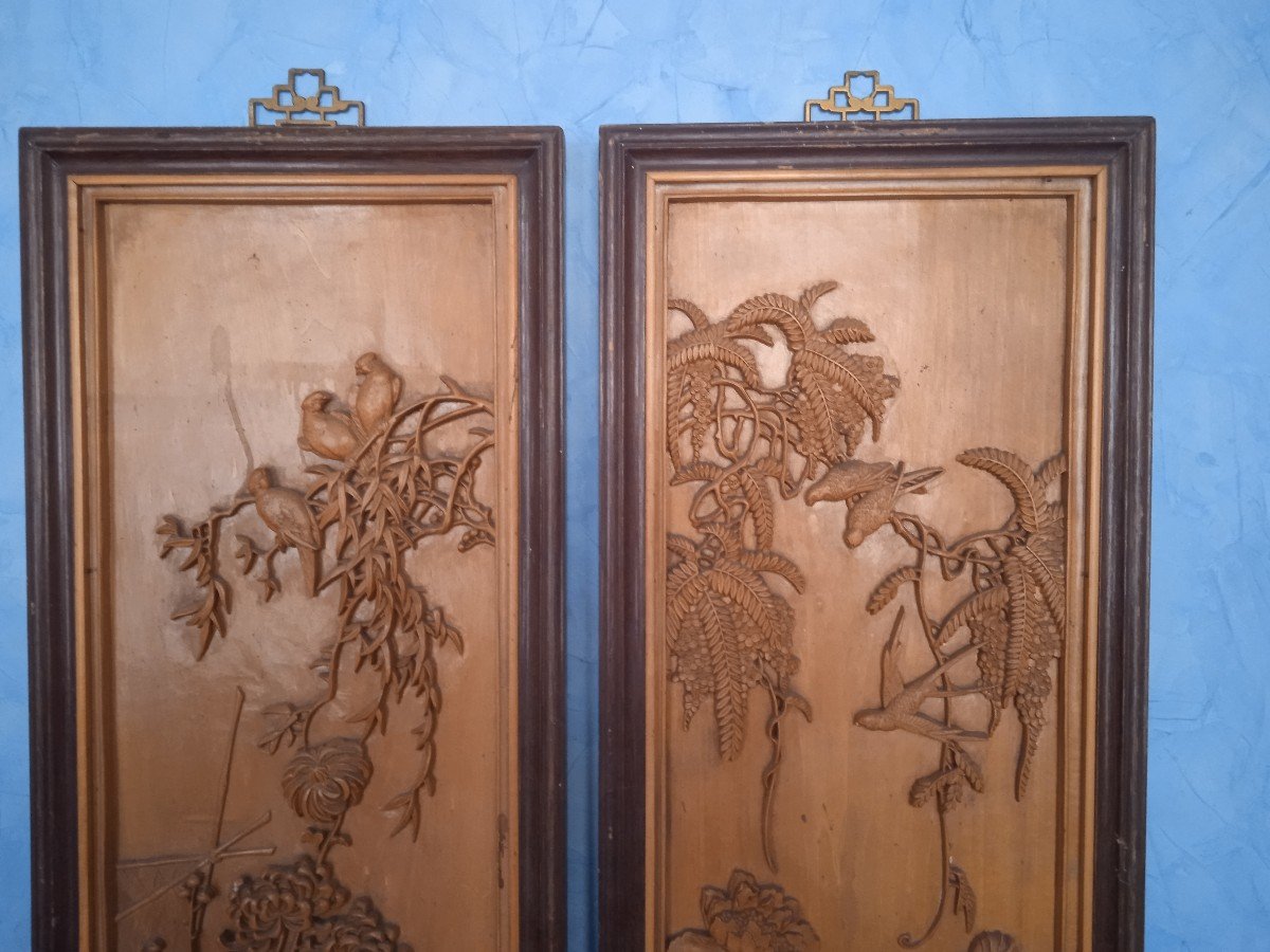 Asie Paire De Grands Panneaux En Bois Sculpté -photo-4
