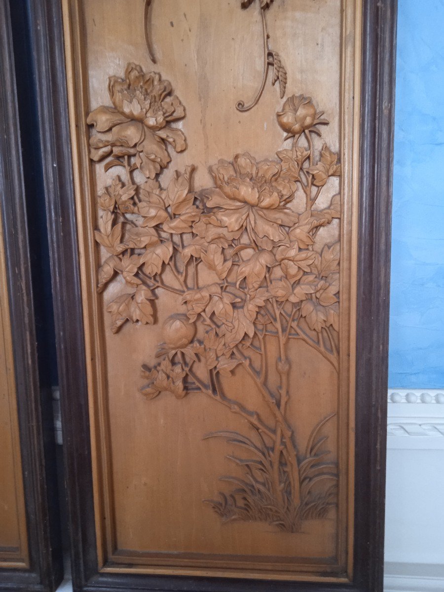 Asie Paire De Grands Panneaux En Bois Sculpté -photo-1