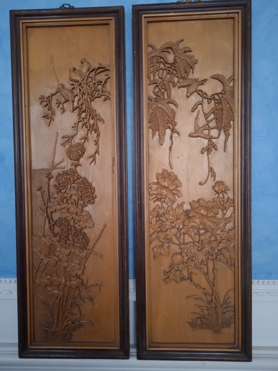 Asie Paire De Grands Panneaux En Bois Sculpté 