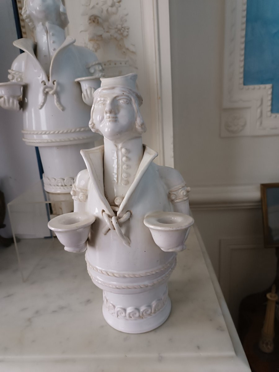 Pair Of Malicorne Earthenware Candlesticks-photo-2