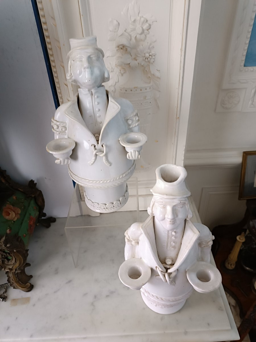Pair Of Malicorne Earthenware Candlesticks-photo-3