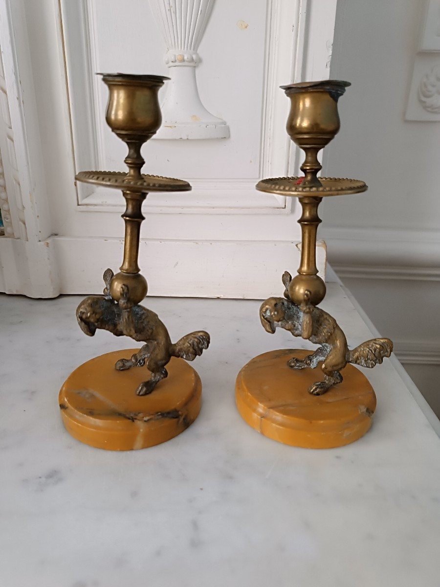 Pair Of Candlesticks Featuring Funambules  Dogs 